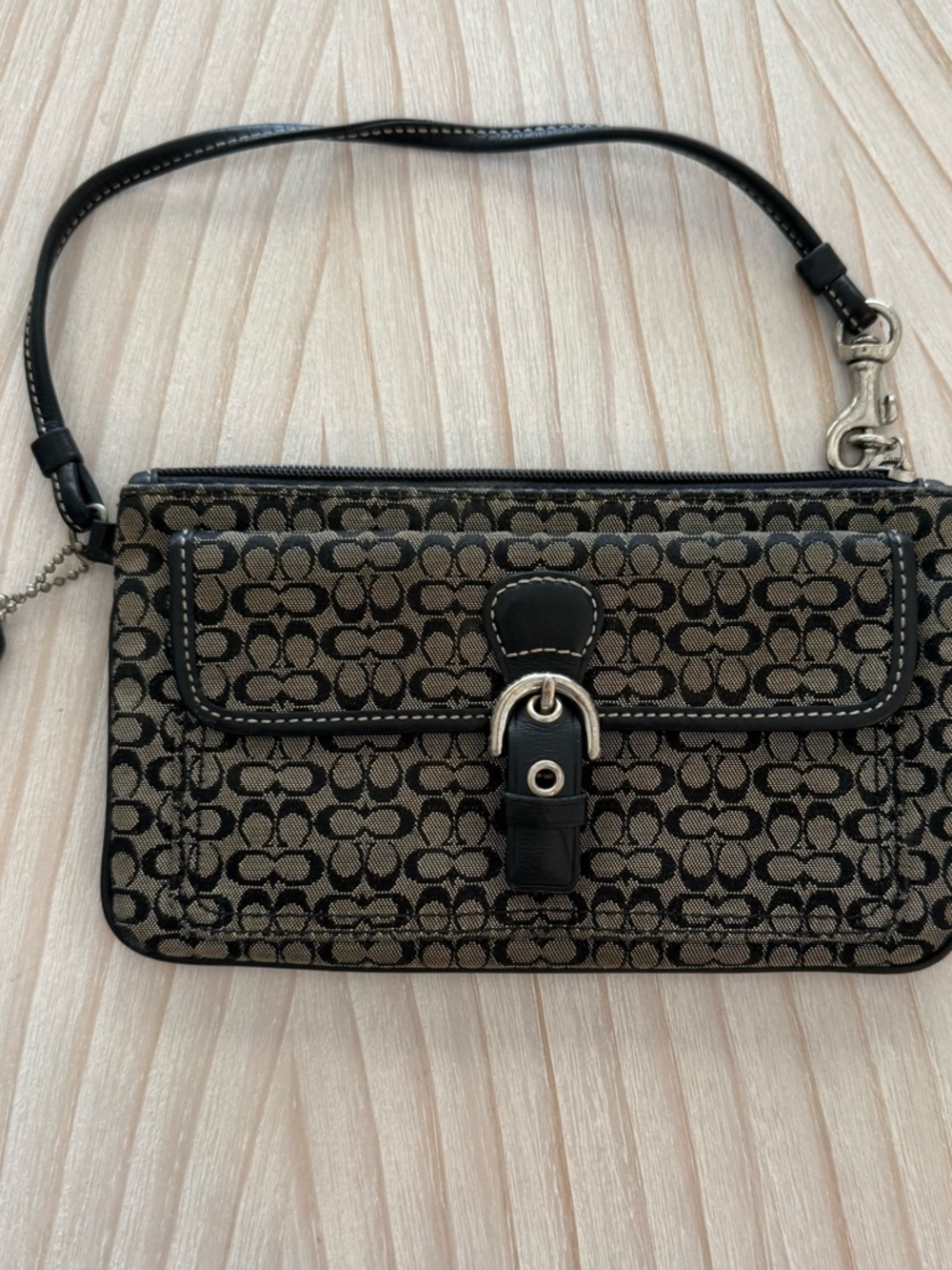 Coach Signature Canvas Black and Tan Wristlet